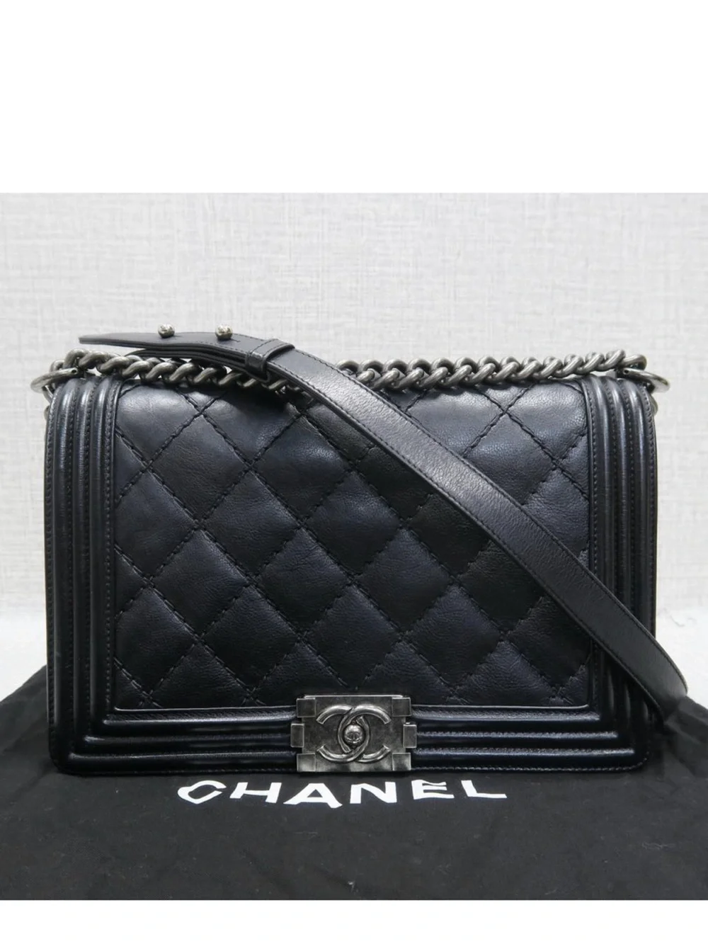 CHANEL Black Quilted Boy-Style Chain Crossbody Bag